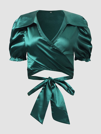 Satin Solid Twisted Tie Back Puff Sleeve Lapel Crop Top