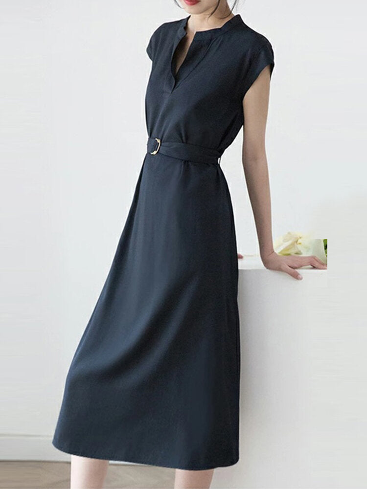 Solid Notch Neck Short Sleeve With Belt Women Dress