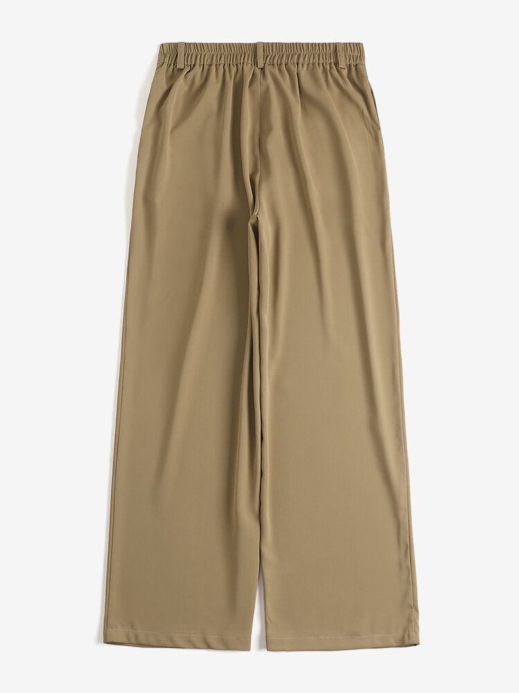 Solid Pocket Elastic Waist Back Pants For Women