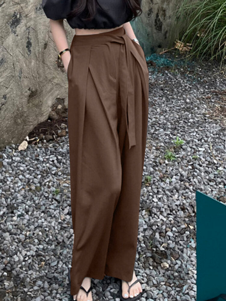 Solid Pocket Belt Wide Leg Pants For Women