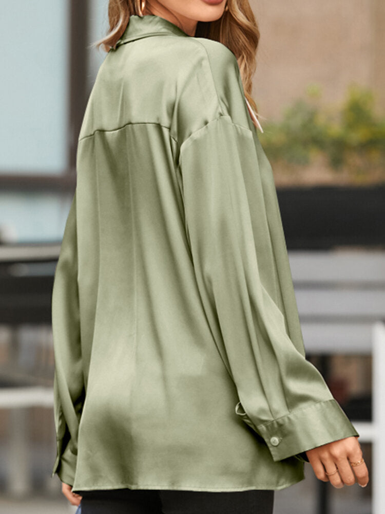 Stylish Womenâ€™s Loose Satin Blouse With Button Lapel