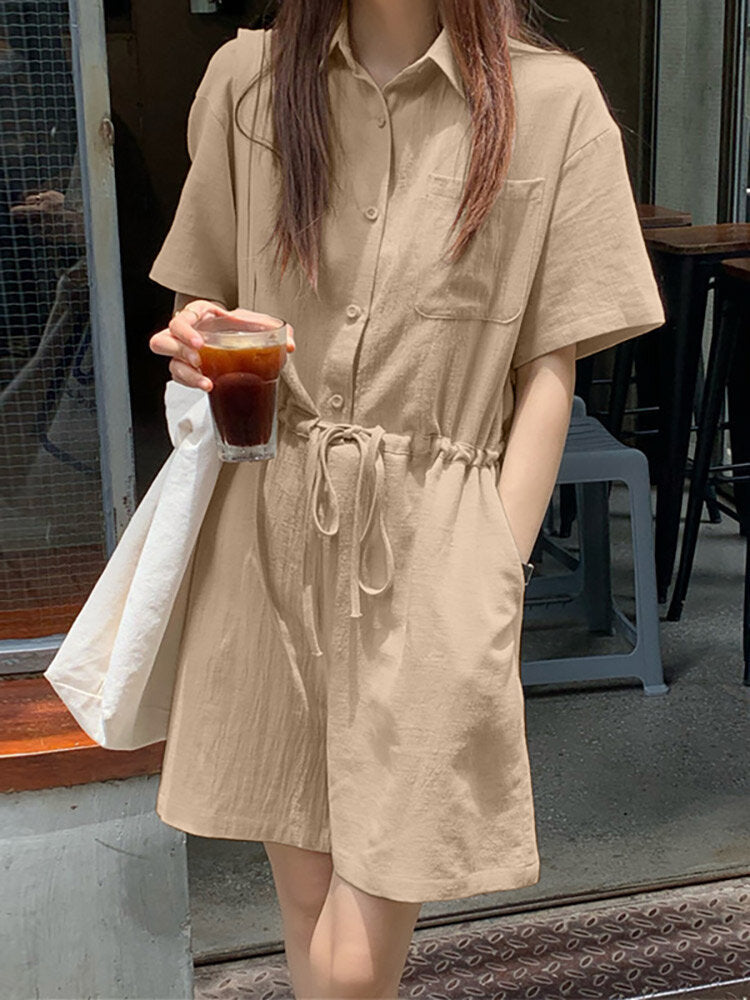 Solid Drawstring Waist Pocket Button Front Lapel Cargo  Women Romper