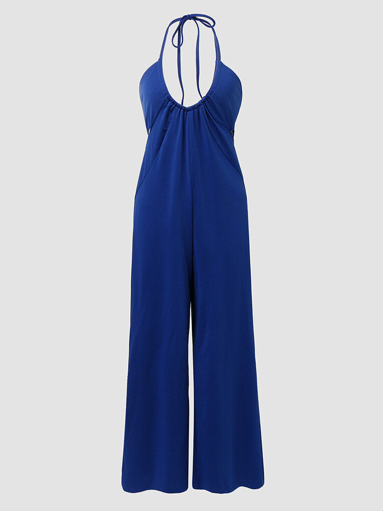 Solid Spaghetti Strap Lace Up Open Back Wide Leg  Women Jumpsuits