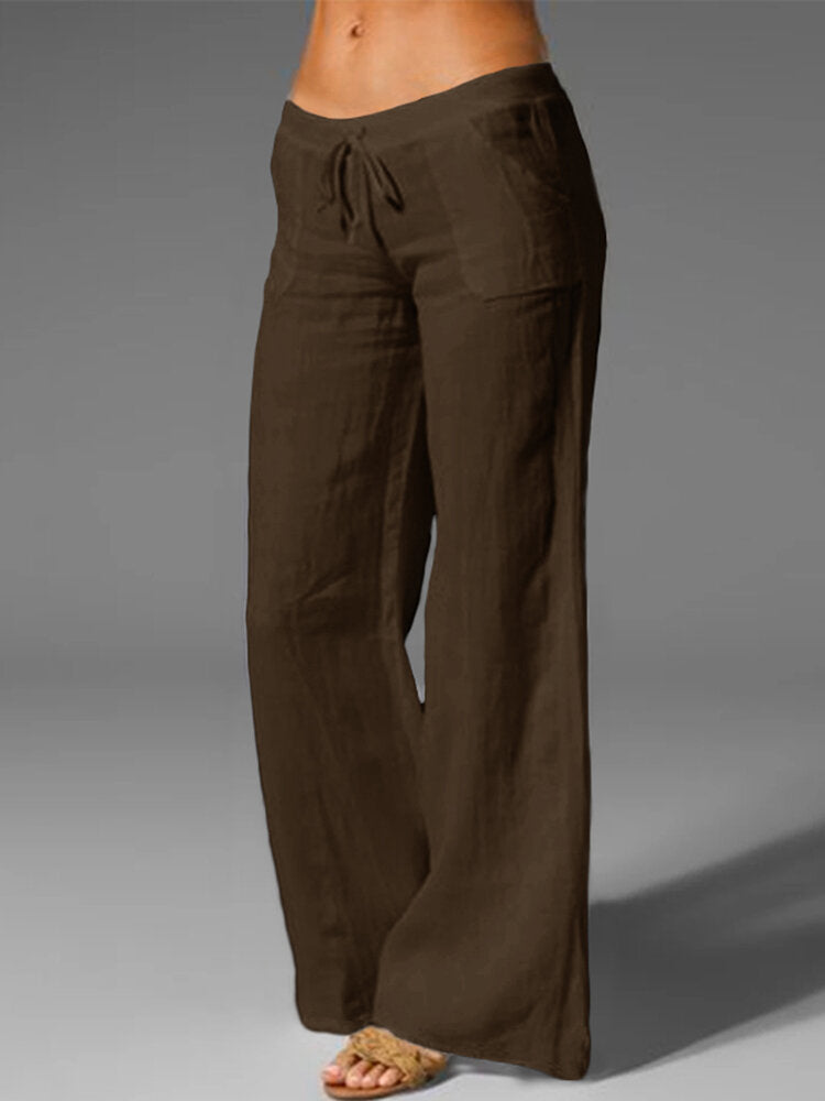 Solid Drawstring Waist Pocket Wide Leg Pants For Women