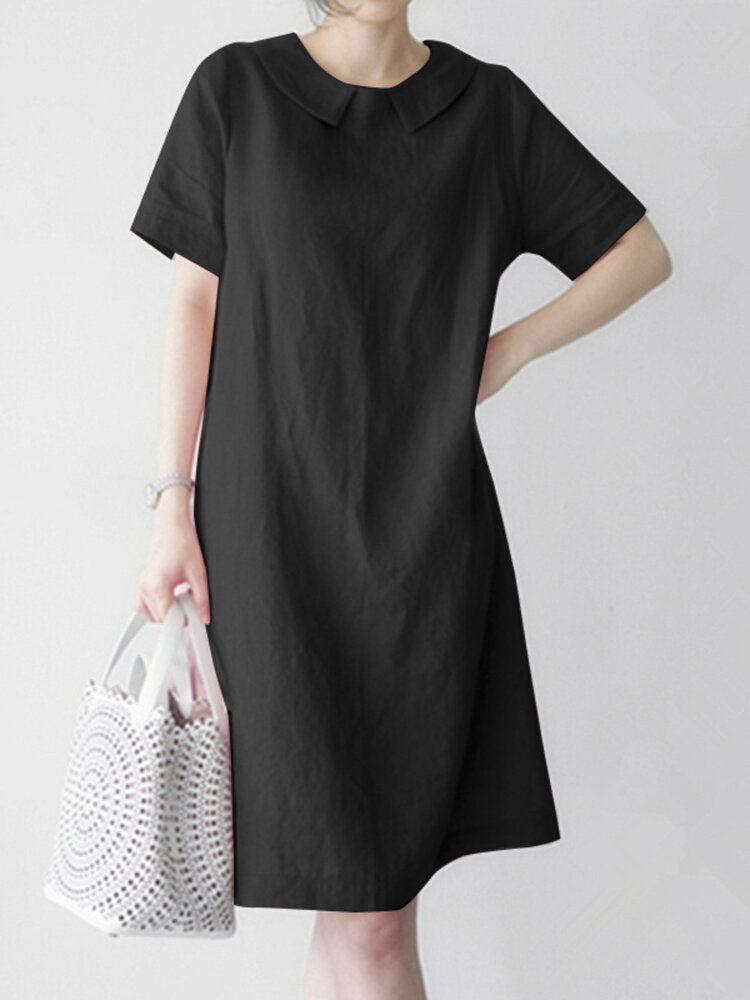 Women Solid Peter Pan Collar Short Sleeve Dress