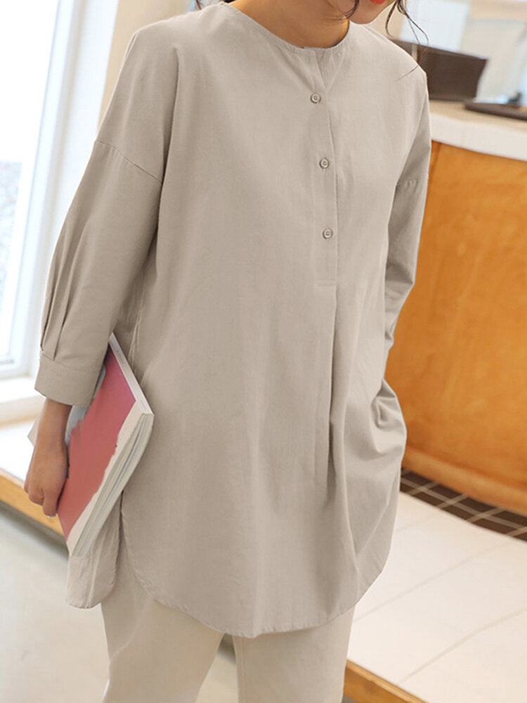 Solid High-low Hem Loose Long Sleeve Blouse