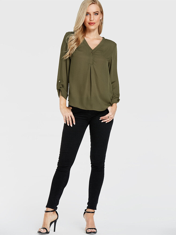 Solid Long Sleeve V-neck Casual Blouse
