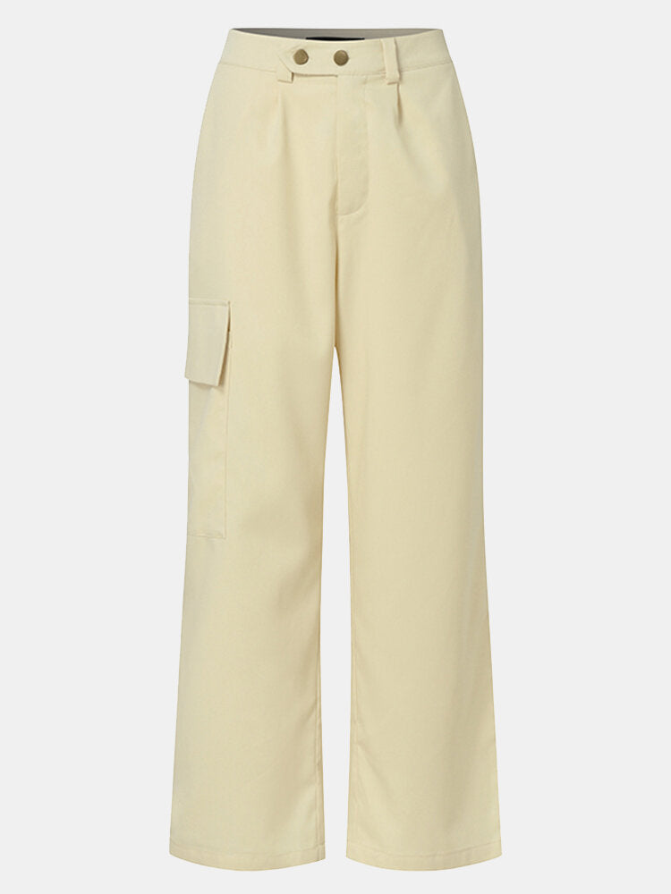 Women Solid Color Button Pocket Zip Front Loose Casual Pants