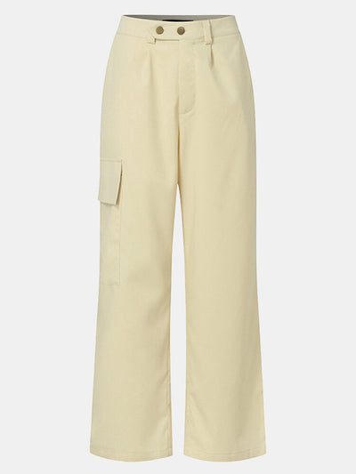 Women Solid Color Button Pocket Zip Front Loose Casual Pants