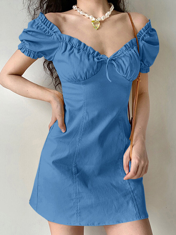 Solid Puff Sleeve Tie Front Lettuce Edge  Women Dress