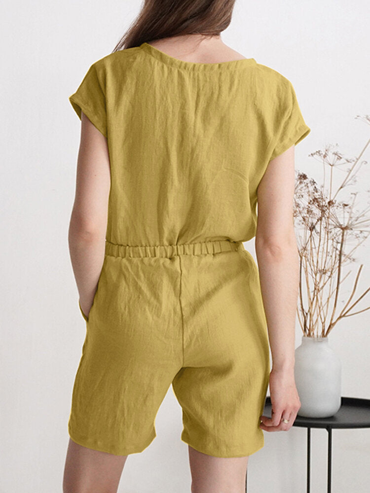 Solid Wrap V-neck Pocket Short Sleeve Casual  Women Romper