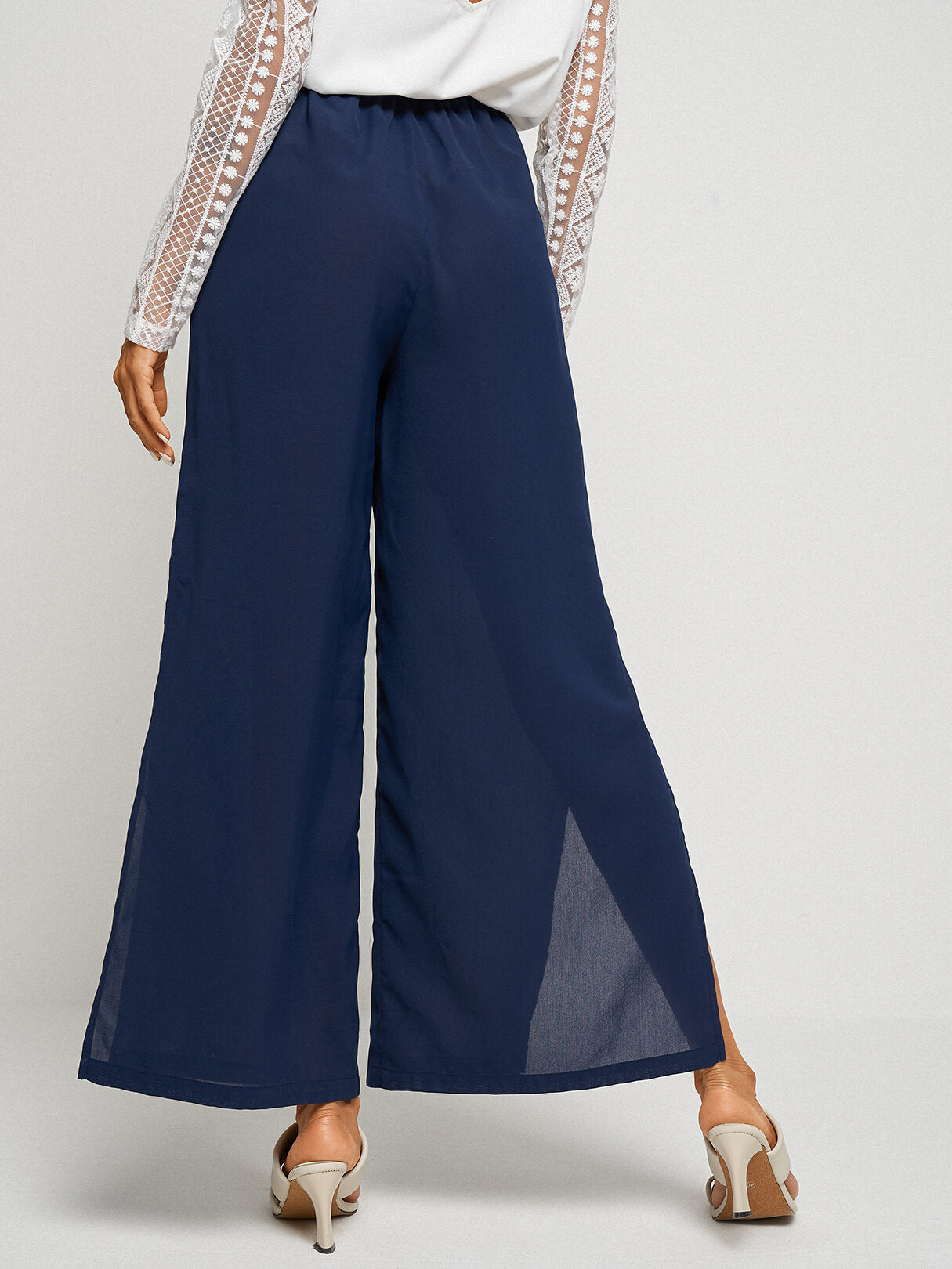 Solid Color Knotted Waist Slit Hem Wide Leg Pants