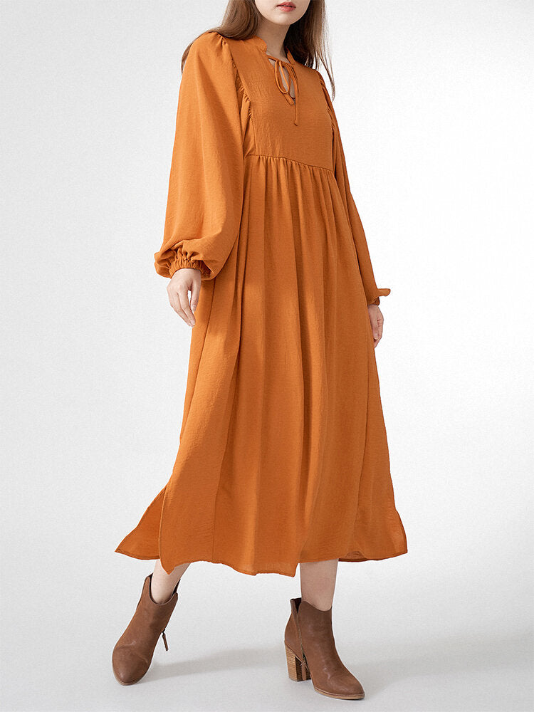 Solid Slit Tie Front Long Sleeve V-neck Casual Women Dress
