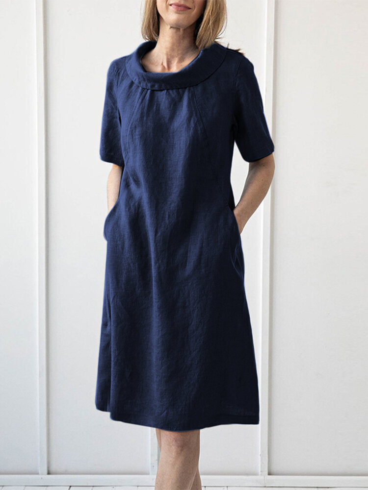 Solid Short Sleeve Pocket Lapel Dress For Women
