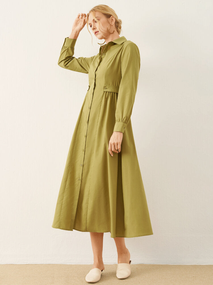 Solid Long Sleeve Button Front Lapel Women Dress