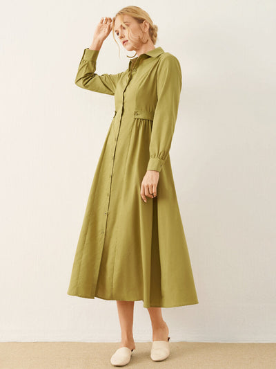 Solid Long Sleeve Button Front Lapel Women Dress