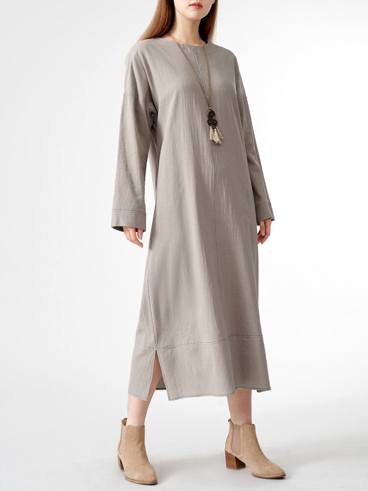 Solid Slit Hem Long Sleeve Crew Neck Vintage  Women Dress