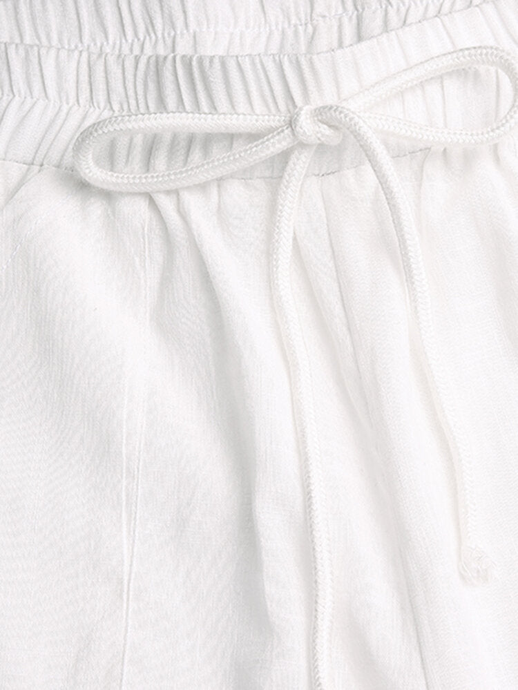 Solid Drawstring Waist Pocket Wide Leg Pants For Women
