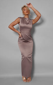 Taupe Satin Cut-Out Back Ruched Midaxi Dress