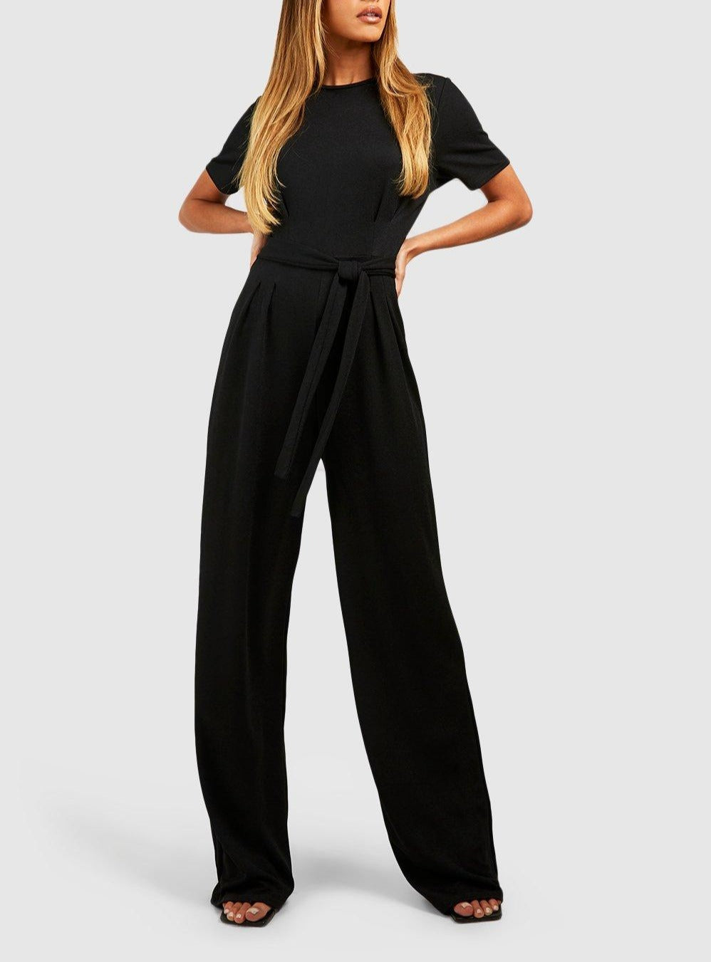 Pleated Front Belted Wide Leg Jumpsuit For Women