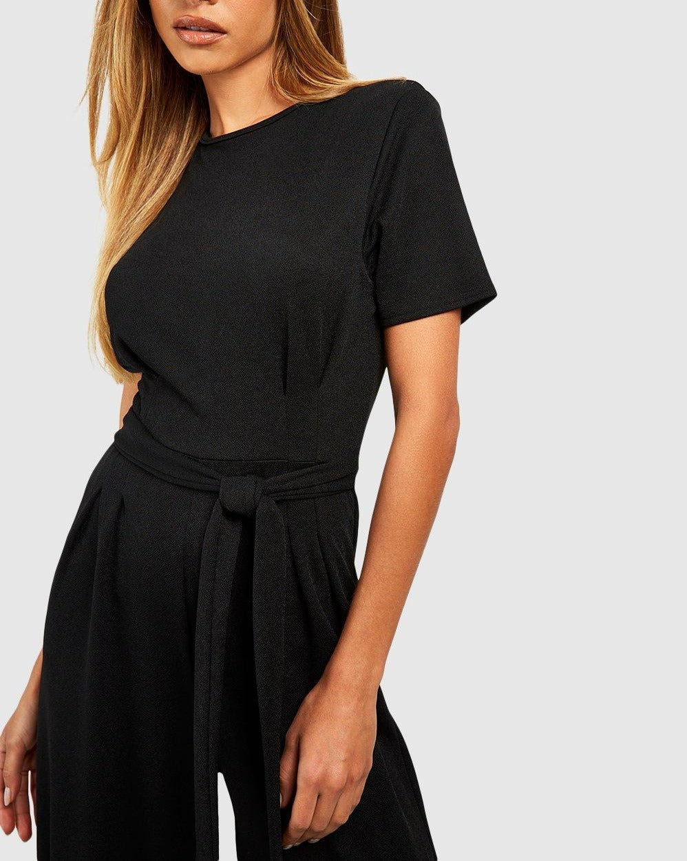 Pleated Front Belted Wide Leg Jumpsuit For Women