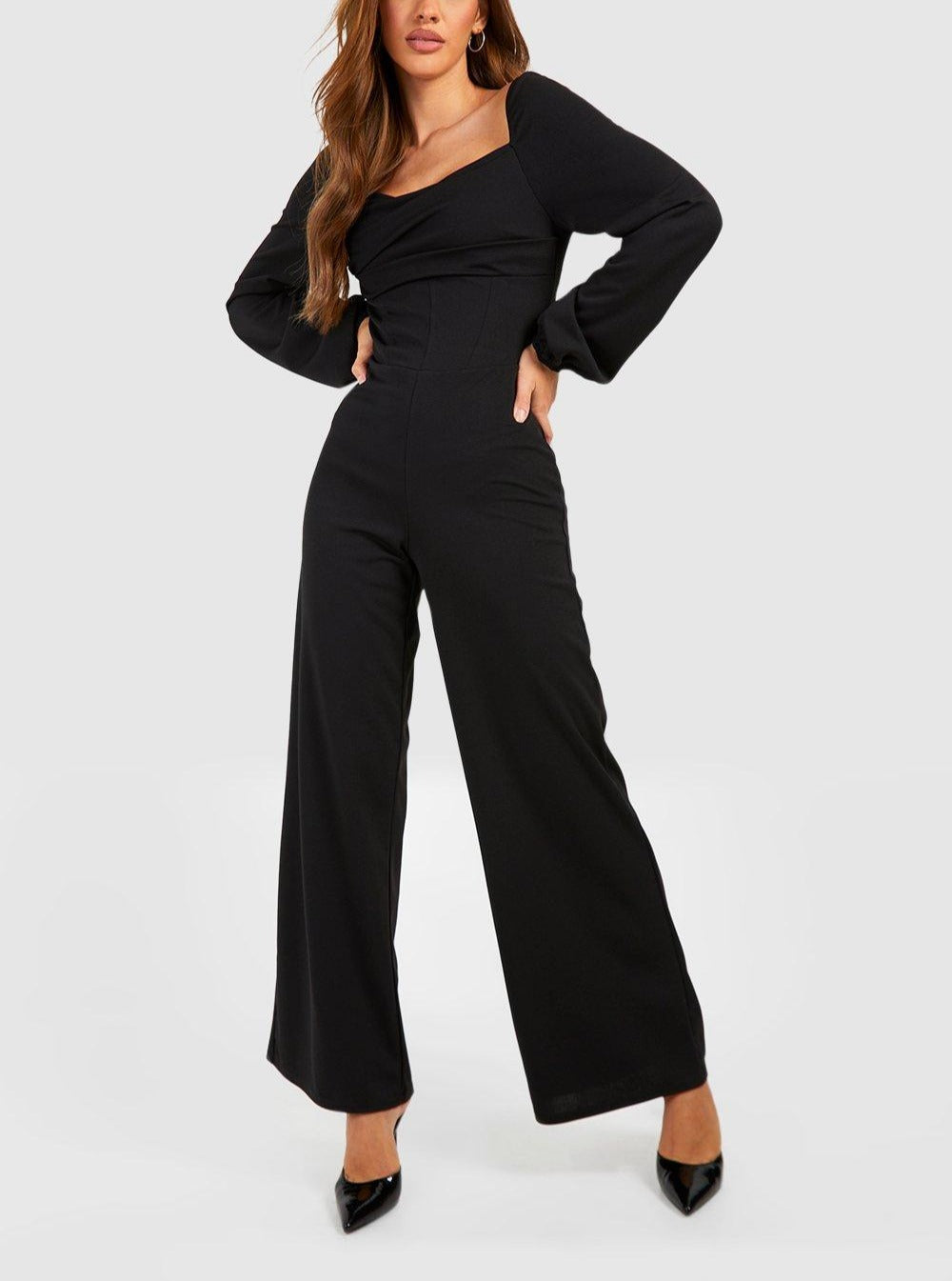 DRAPE COWL NECK WIDE LEG WOMEN JUMPSUIT