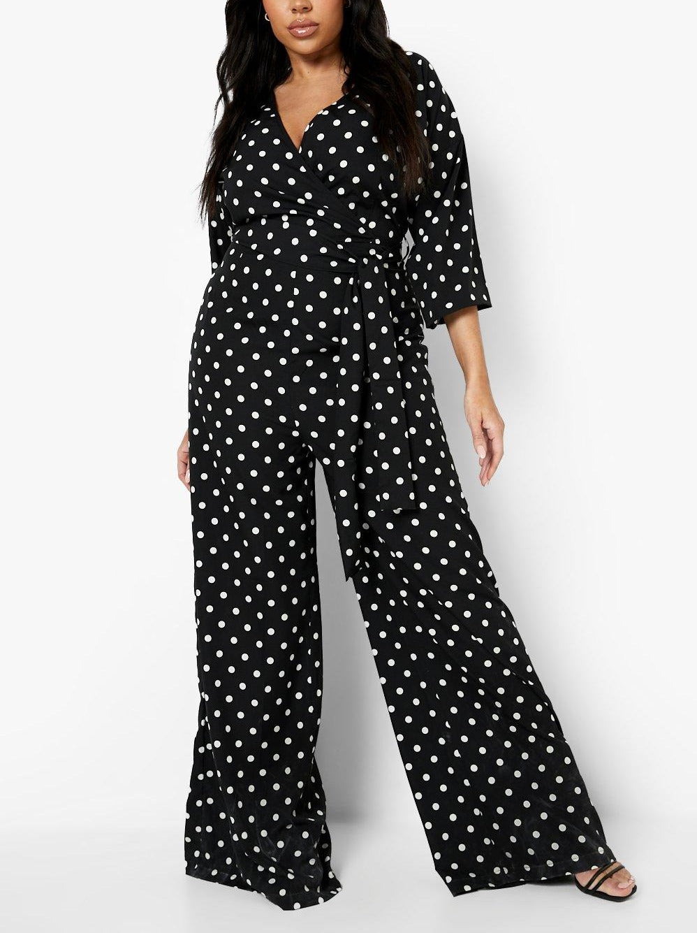 Polka Dot Wrap Tie Belt Jumpsuit For Women