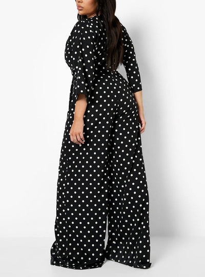 Polka Dot Wrap Tie Belt Jumpsuit For Women
