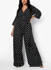 Polka Dot Wrap Tie Belt Jumpsuit For Women