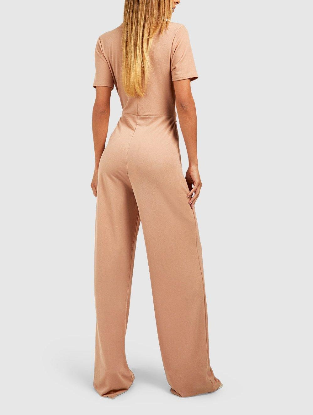 Pleated Front Belted Wide Leg Jumpsuit For Women