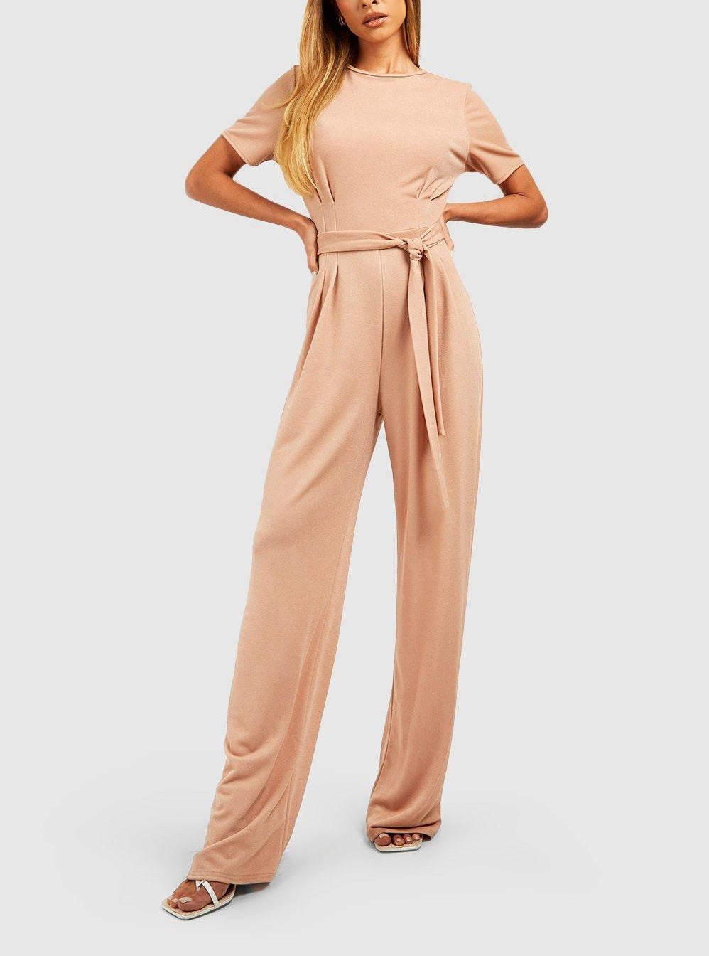Pleated Front Belted Wide Leg Jumpsuit For Women