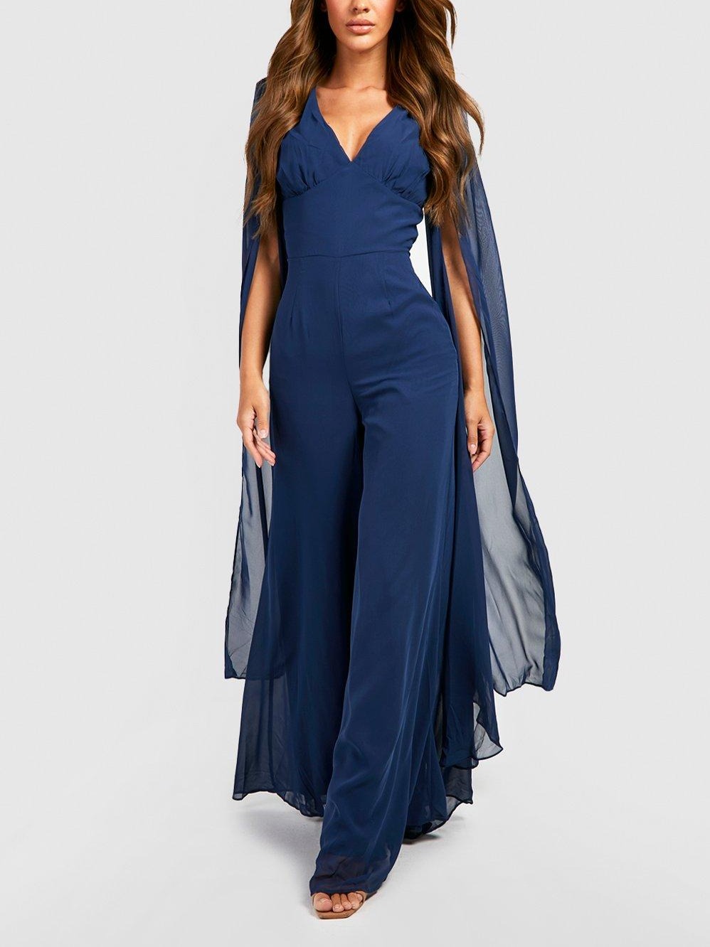 Cape Detail Plunge Wide Leg Jumpsuit For Women