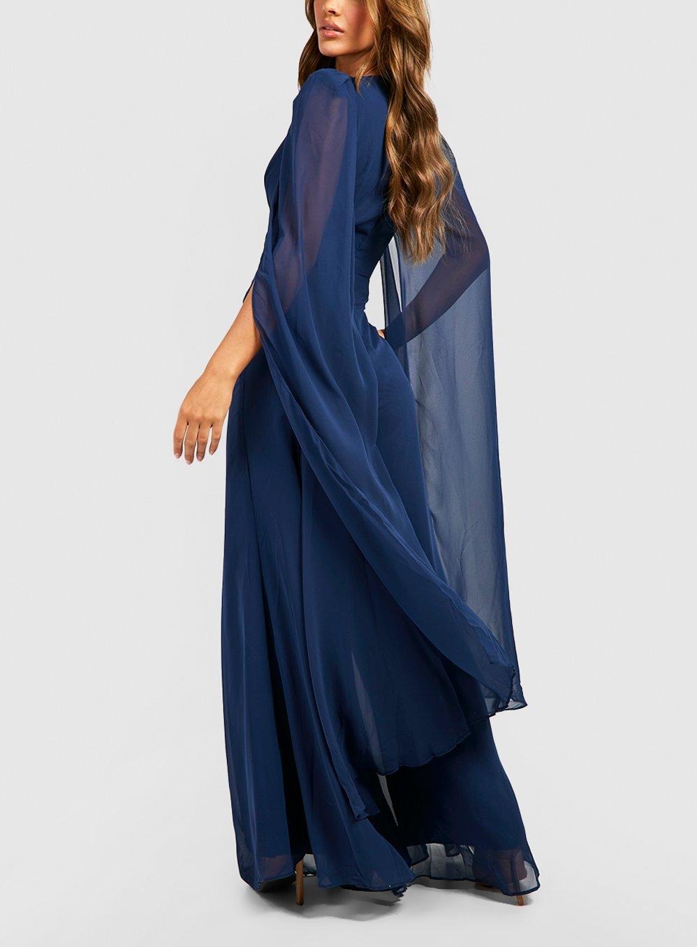 Cape Detail Plunge Wide Leg Jumpsuit For Women