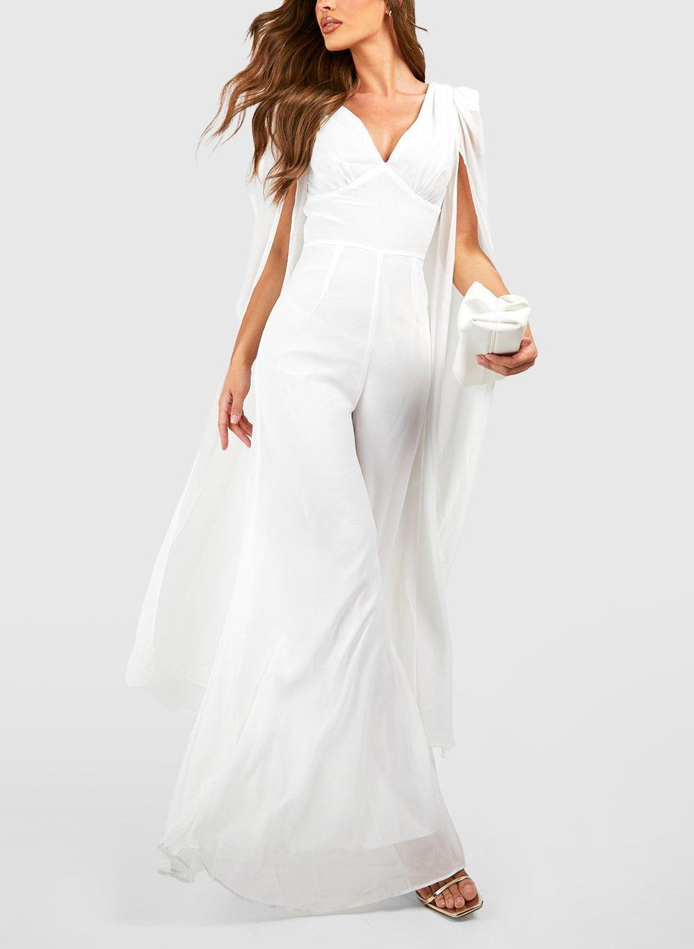 Cape Detail Plunge Wide Leg Jumpsuit For Women