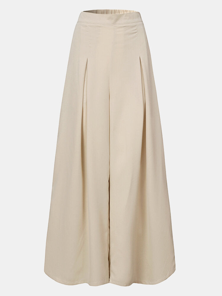 Solid Color Pleated Elastic Waist Casual Loose Wide-Leg Pants for Women