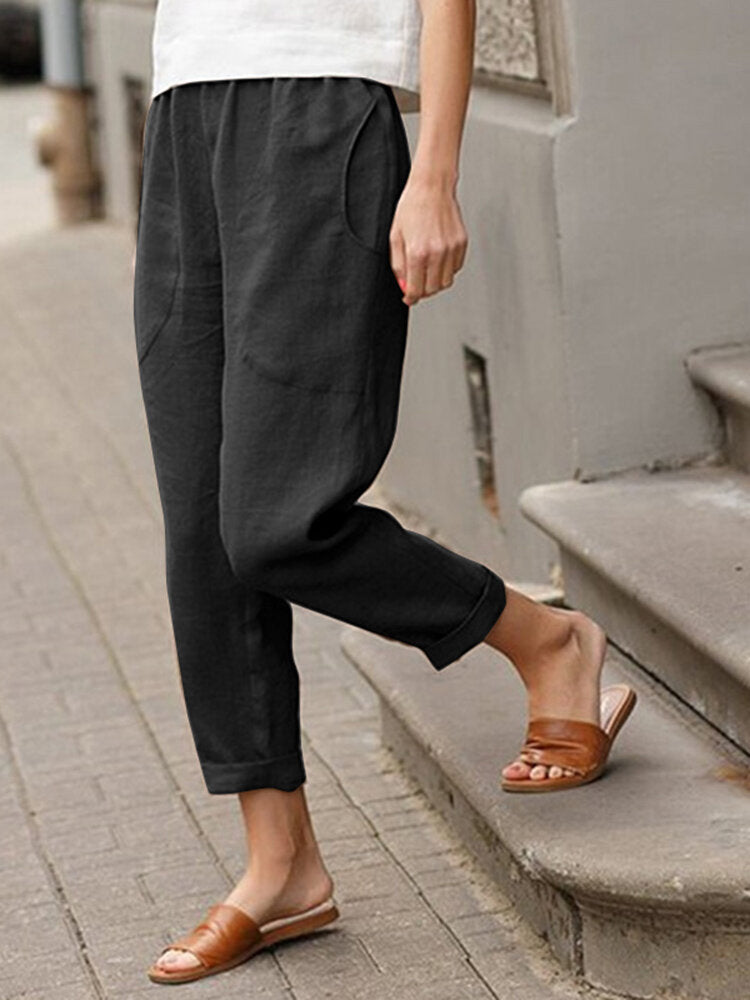 Solid Pocket Elastic Waist Casual Cotton Pants