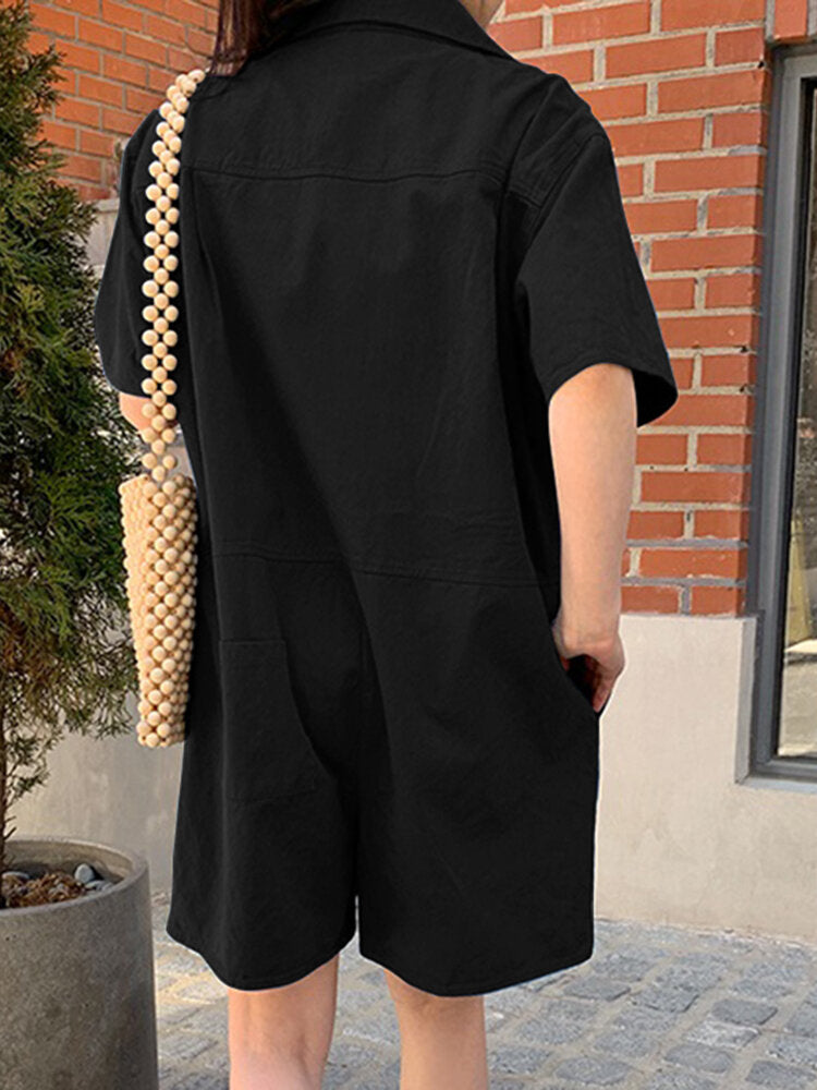 Solid Pocket Button Lapel Short Sleeve Casual Cotton  Women Romper