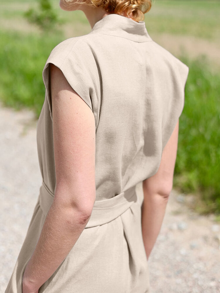 Solid Sash V Neck Pocket Sleeveless Casual Cotton  Women Jumpsuits