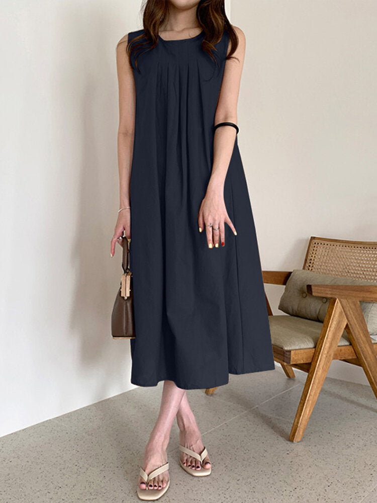 Solid O-neck Pleated Sleeveless Pocket Women Casual Dress