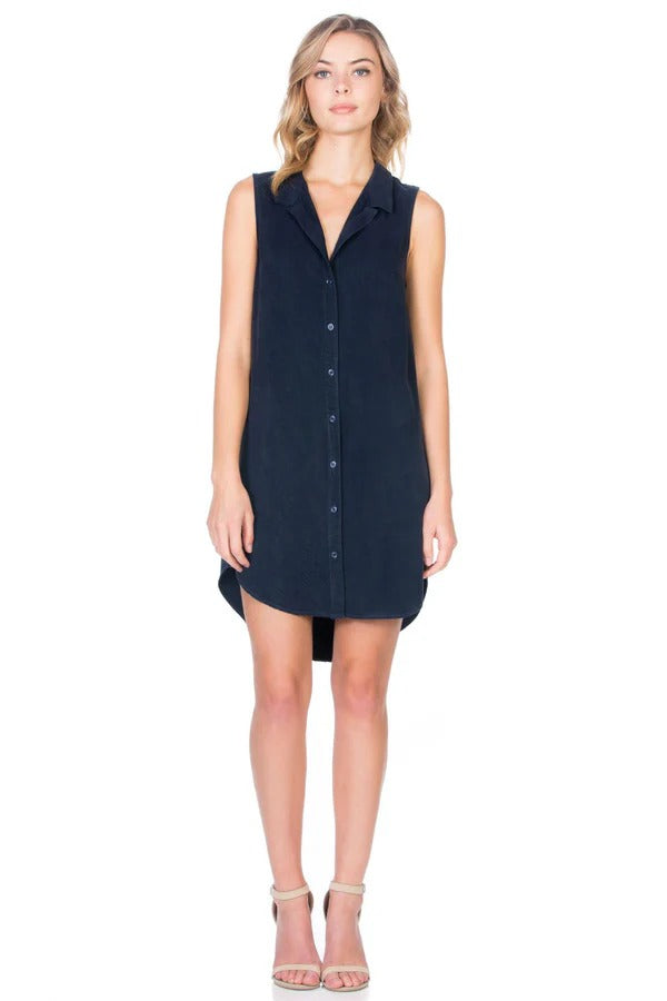 Button-Up Sleeveless Shirt Dress with Scalloped Hem