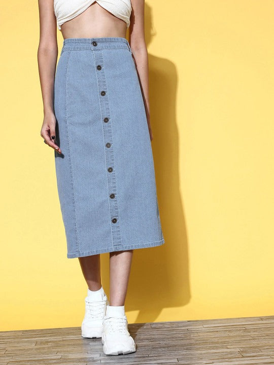 Deep Blue Solid Cotton-Blend Midi Pencil Skirt