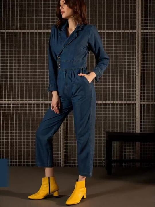 Blue Solid Shirt Collar Basic Jumpsuit with Long Sleeves