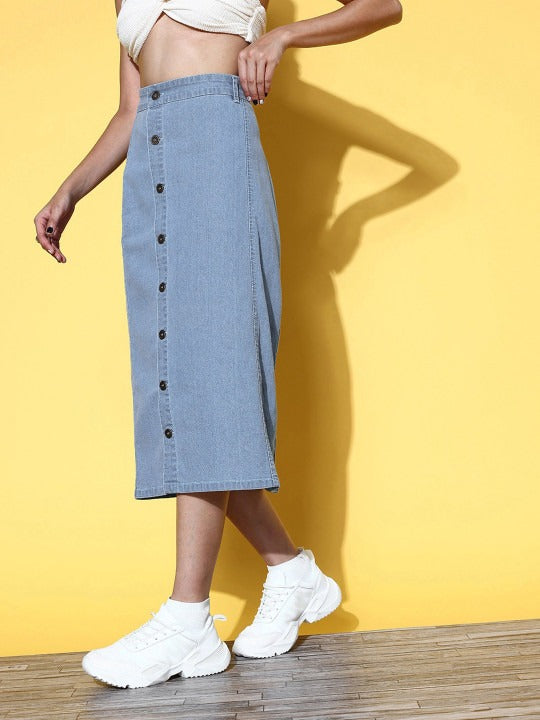 Deep Blue Solid Cotton-Blend Midi Pencil Skirt