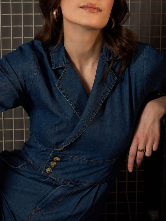 Blue Solid Shirt Collar Basic Jumpsuit with Long Sleeves