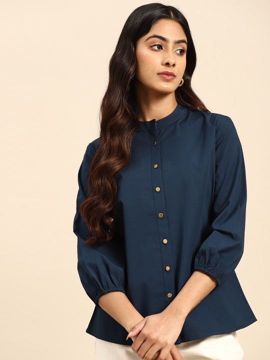Navy Blue Cotton Casual Shirt with Mandarin Collar