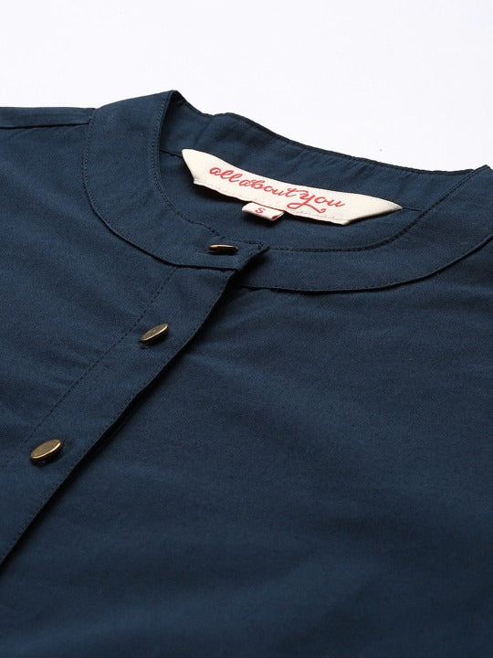 Navy Blue Cotton Casual Shirt with Mandarin Collar