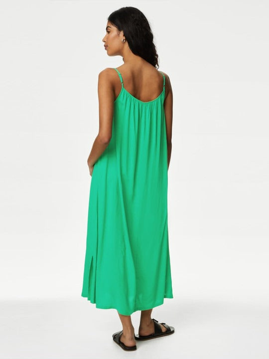 Green A-Line Midi Shift Dress with Shoulder Straps