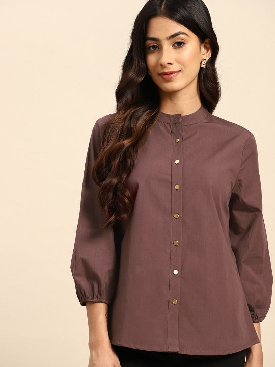 Navy Blue Cotton Casual Shirt with Mandarin Collar