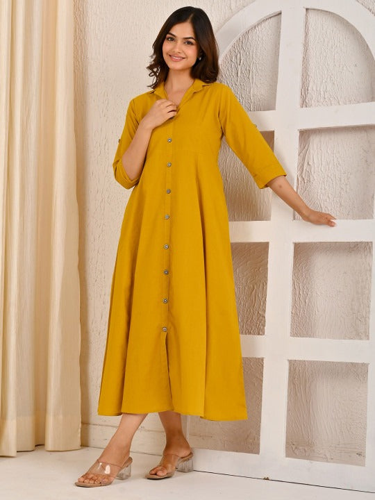 Yellow Cotton A-Line Midi Dress with Shirt Collar