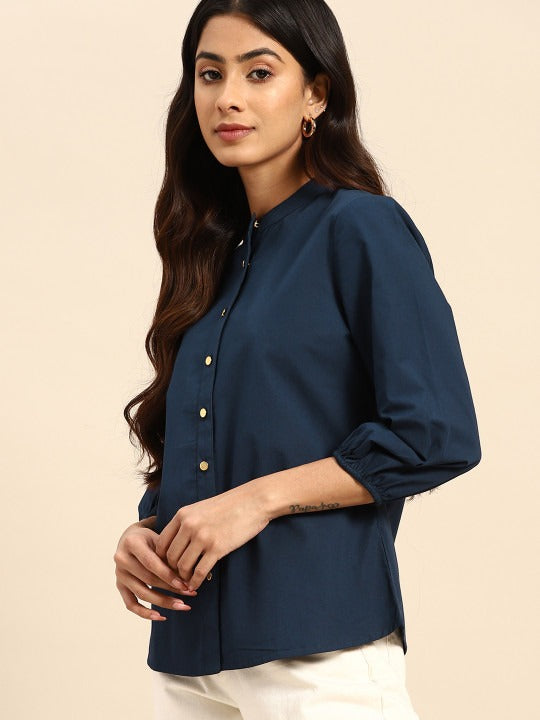 Navy Blue Cotton Casual Shirt with Mandarin Collar
